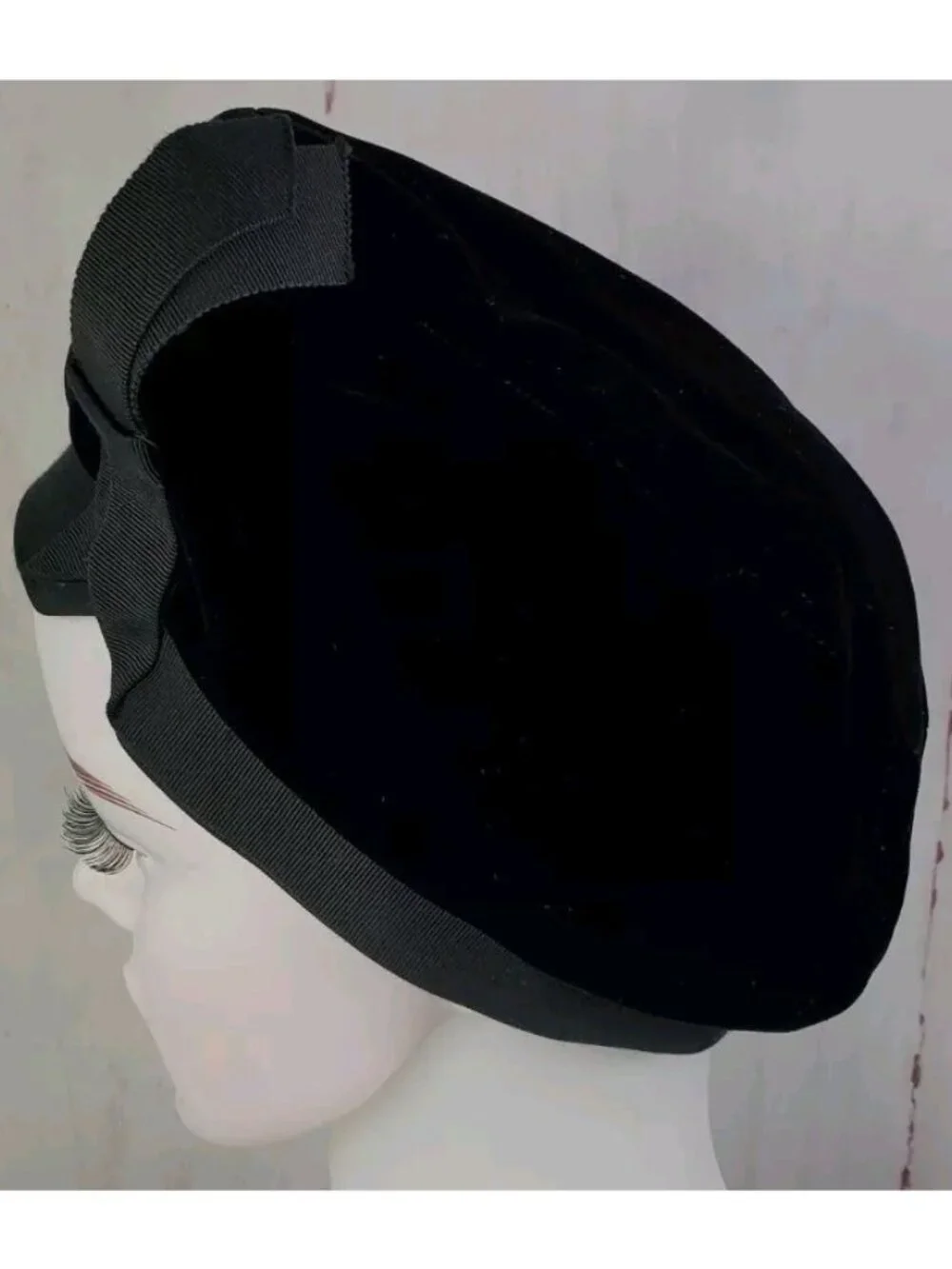 Vtg Union Black Velvet Slouch Beret Cap Hat Ribbon United Hatters Millinery MED